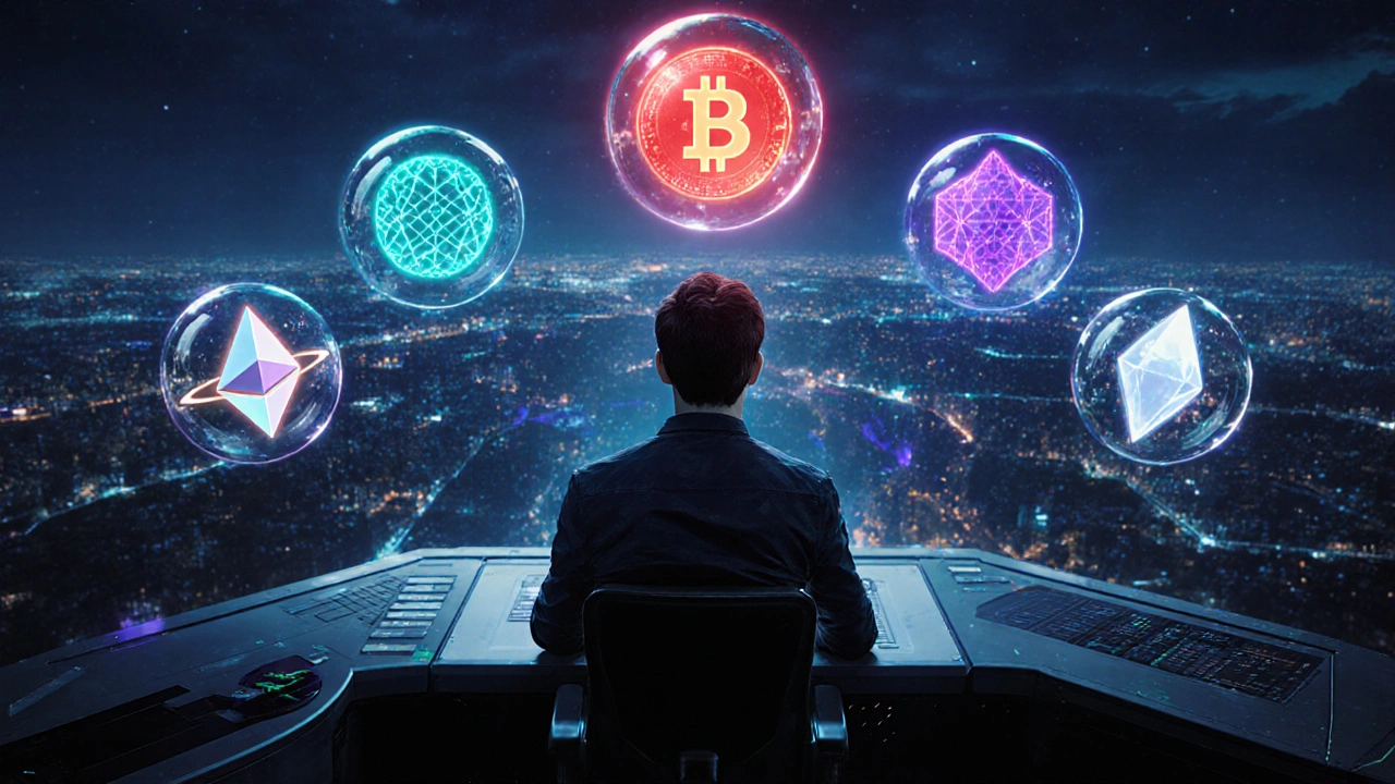 Pengembang menatap hologram jaringan blockchain di konsol futuristik.