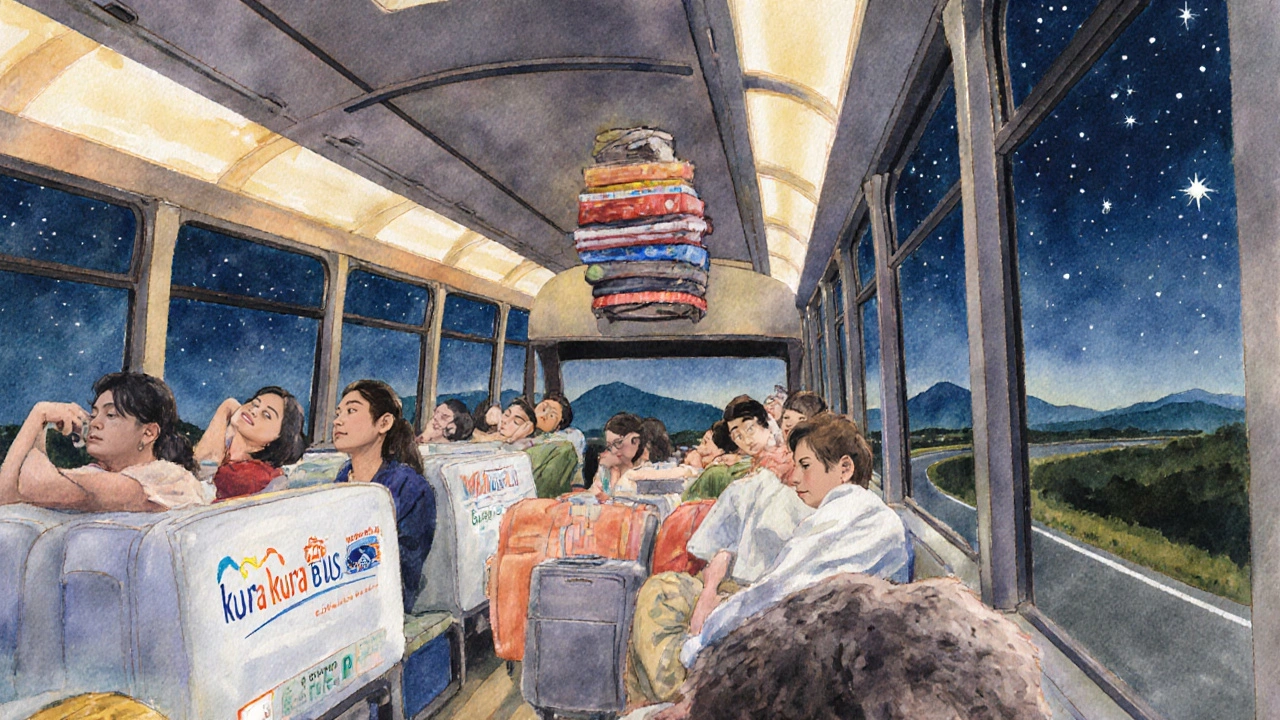 Bus antar-jemput nyaman penuh penumpang, melaju di jalan gelap menuju Ubud di bawah langit berbintang, suasana tenang dan damai.