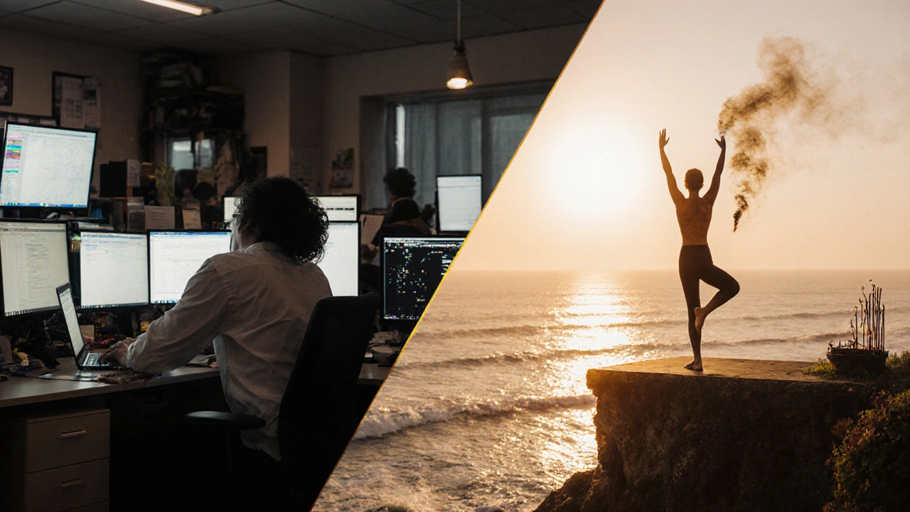 Dua sisi gambar: stres kota di satu sisi, ketenangan yoga di tebing Bali di sisi lain, terhubung oleh cahaya emas.