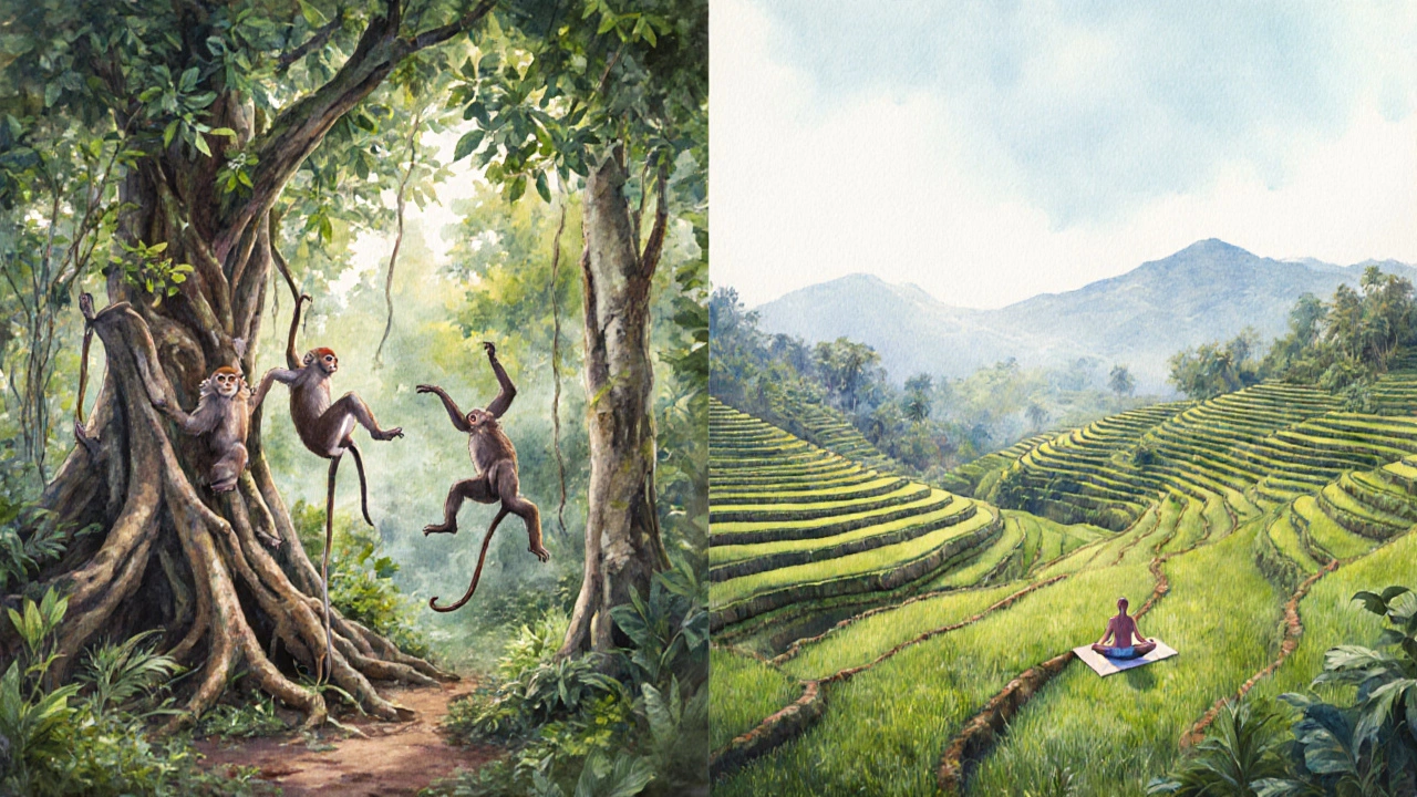 Ilustrasi cat air hutan monyet Ubud dan terasering sawah hijau dengan seorang yogi.