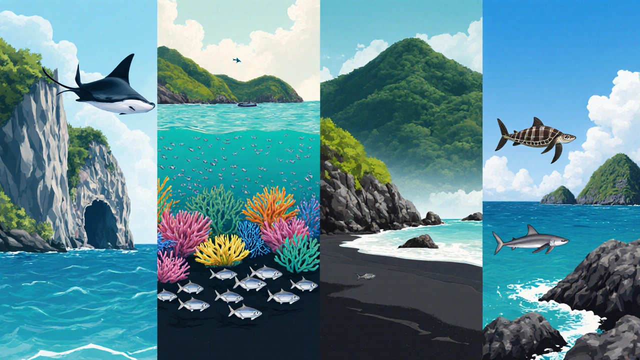 Ilustrasi empat spot snorkeling Bali: Crystal Bay, Menjangan, Amed, dan Padang Bai dengan fauna laut.