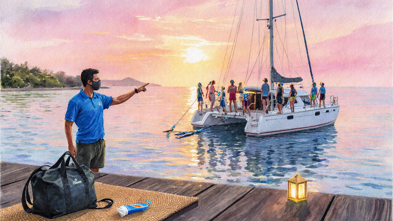 Kapal katamaran saat sunrise, pemandu dan wisatawan bersiap snorkeling dengan peralatan lengkap.