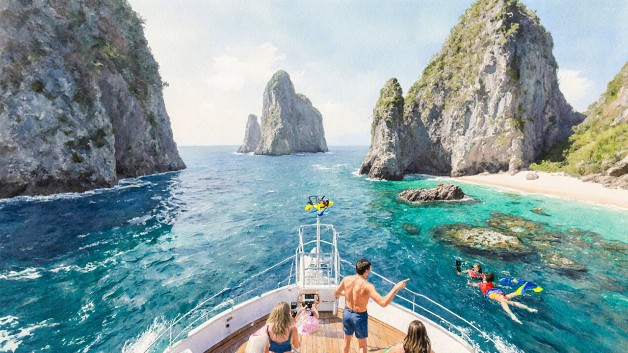 Kapal pesiar melaju ke tebing Nusa Penida, snorkeler menyelam di terumbu Crystal Bay.