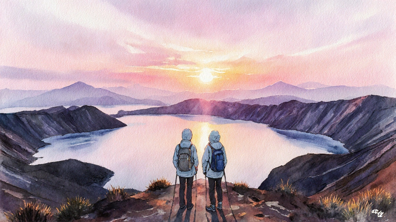 Kelompok pendaki menyaksikan matahari terbit di atas kawah Gunung Batur, dengan Danau Batur di depan.