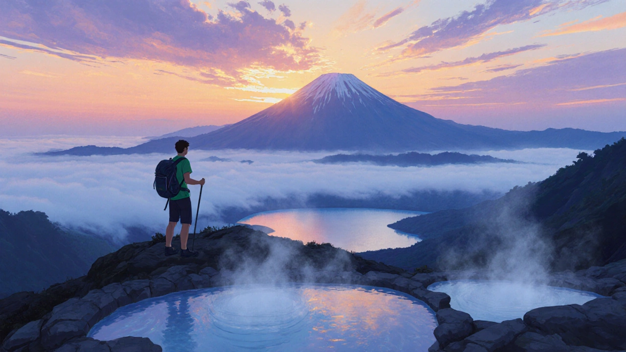 Pendaki berdiri di puncak Gunung Batur menyaksikan matahari terbit di atas danau berkabut.