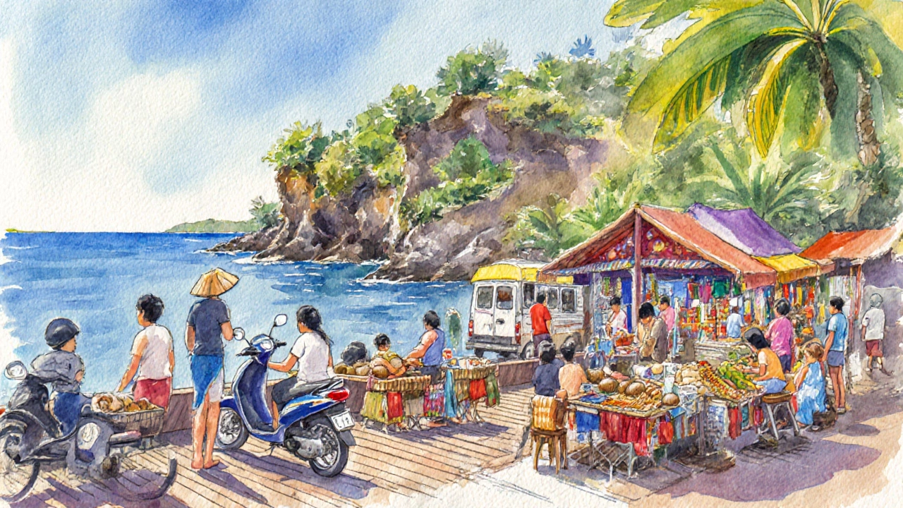 Pengunjung menikmati pasar di sekitar Tanah Lot dengan latar Pura.