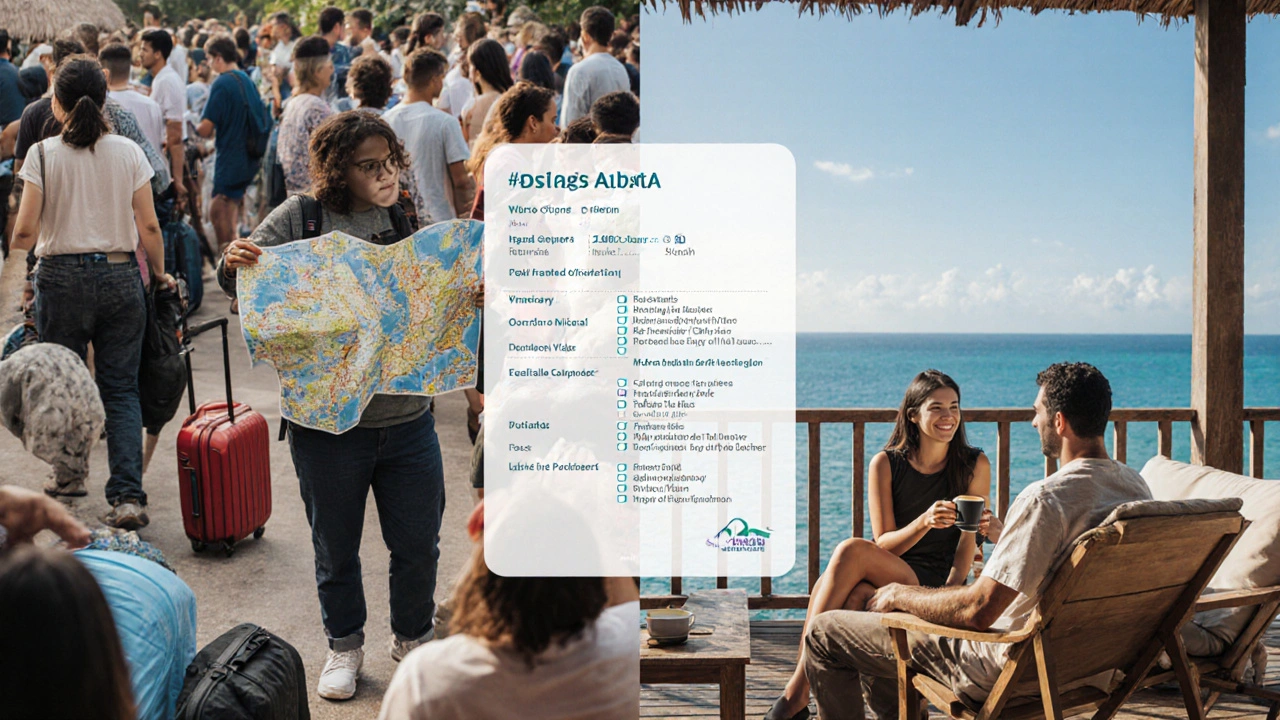 Perbandingan antara perjalanan mandiri yang stres dan liburan paket yang santai di pulau tropis Indonesia.