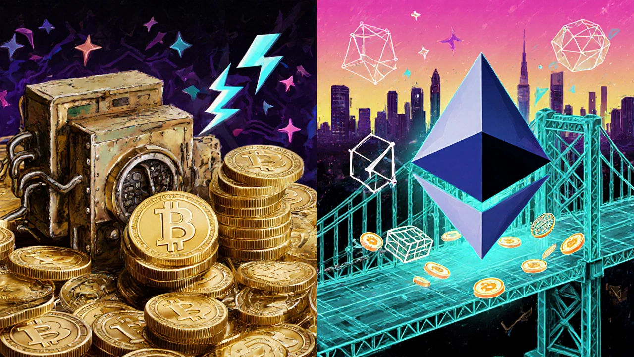 Perbandingan visual Bitcoin (PoW) dan Ethereum (PoS) dengan elemen layer‑2 dan kontrak pintar.