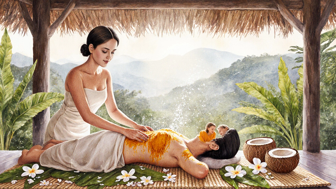 Perempuan sedang di lulur dengan campuran kunyit dan beras di atas tikar alami, bunga melati berserakan di sekitarnya.