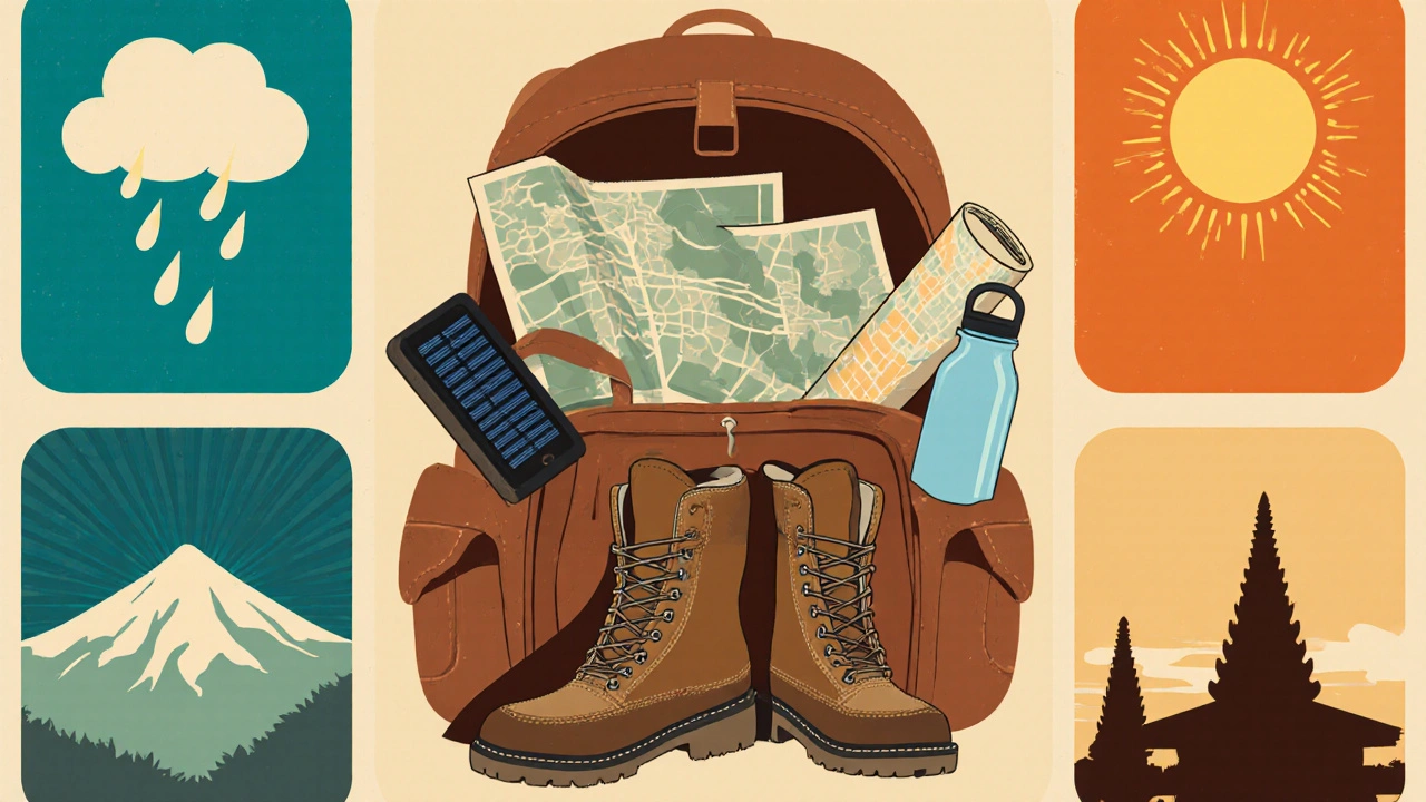 Poster vintage menampilkan perlengkapan perjalanan trekking dan ikon alam Bali.