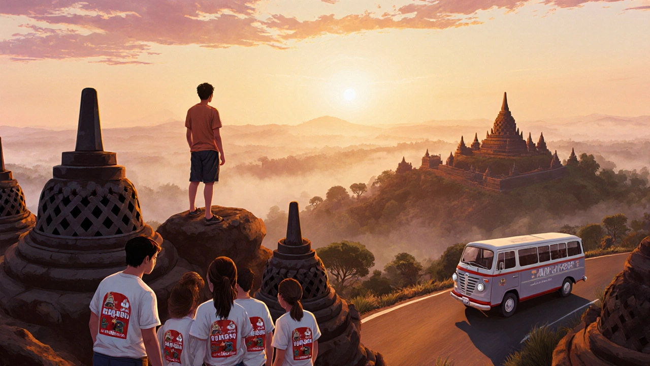 Wisatawan melihat Candi Borobudur di pagi hari dengan kabut tipis, kelompok turis dan bus wisata di bawah.