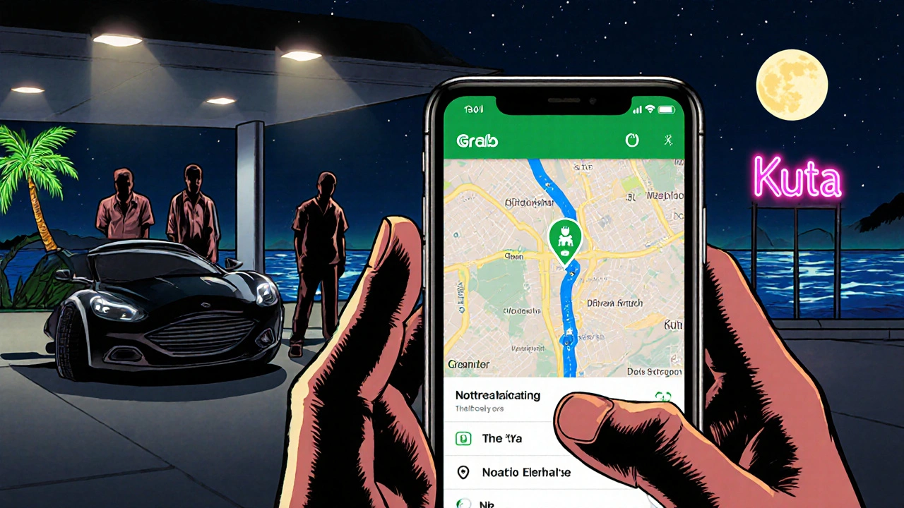 Wisatawan menggunakan aplikasi Grab di malam hari, mobil aman menunggu di bawah lampu terang, sementara penawar taksi gelap berdiri di bayangan.