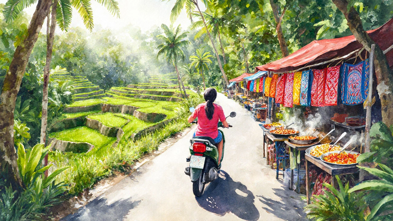 Wisatawan naik motor melintasi sawah Ubud, berhenti di pasar warna-warni dengan makanan lokal.