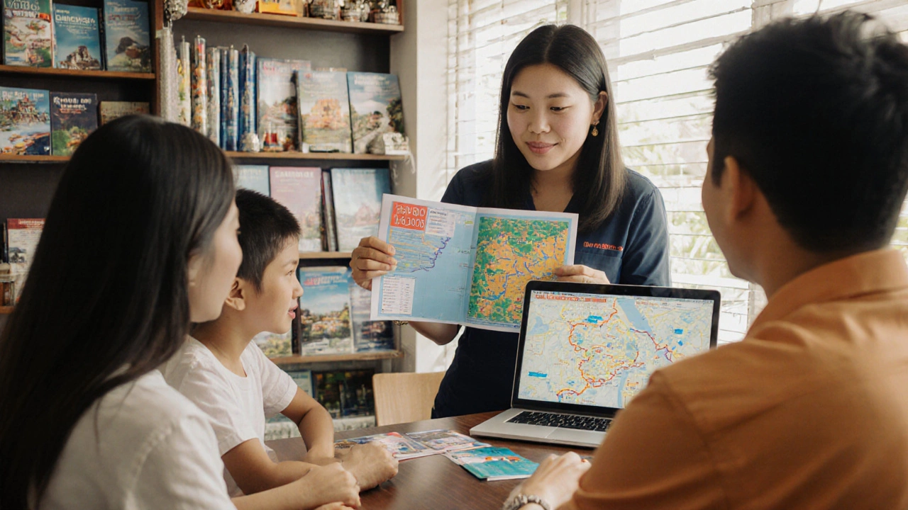 Agen wisata di Denpasar memberikan paket tur Bali kepada keluarga dengan peta dan brosur.