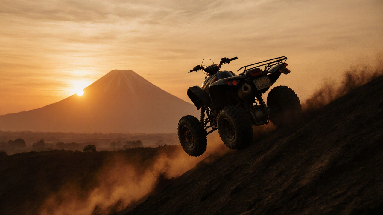 ATV sendirian mendaki bukit berpasir saat matahari terbenam, Gunung Agung terlihat di kejauhan.