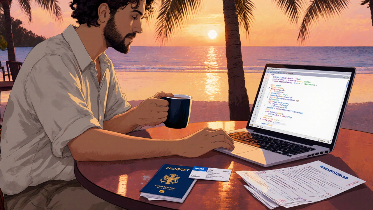 Digital nomad bekerja di kafe pantai Bali dengan paspor B211A, asuransi, dan bukti pendapatan di meja.