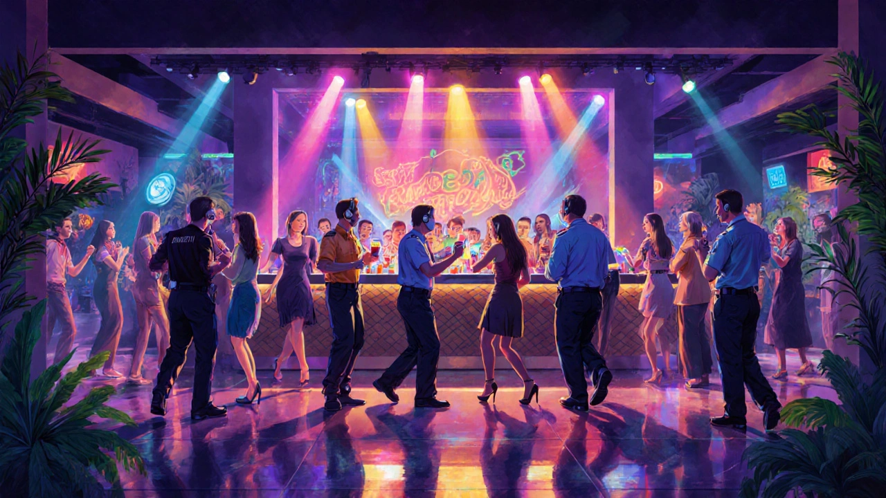 Interior klub malam Bali dengan pencahayaan neon, penjaga keamanan, dan penikmat musik yang menari.