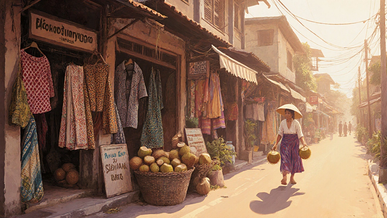 Jalan Seminyak pagi hari: ibu menjual kelapa muda di samping toko batik tradisional dan butik desainer modern.