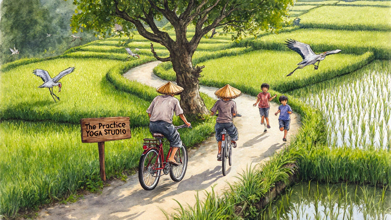 Jalan sepeda melalui sawah terasering di Pererenan, dengan petani dan anak-anak bermain.