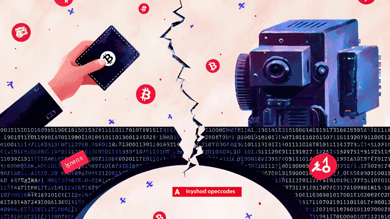 Jembatan rapuh antara dompet dan EVM, retak karena ketidakcocokan ABI, dengan penanda metode bercahaya.