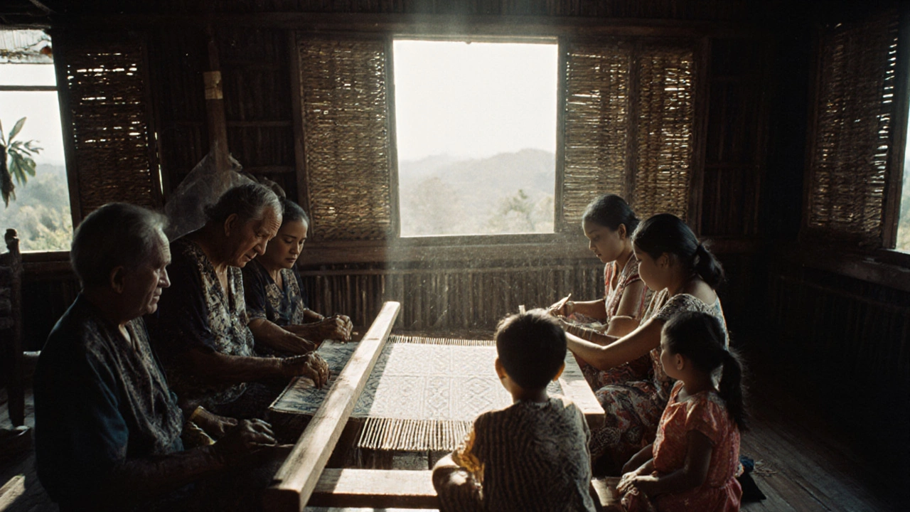 Kelompok keluarga di desa Tenganan sedang menenun kain gringsing tradisional.