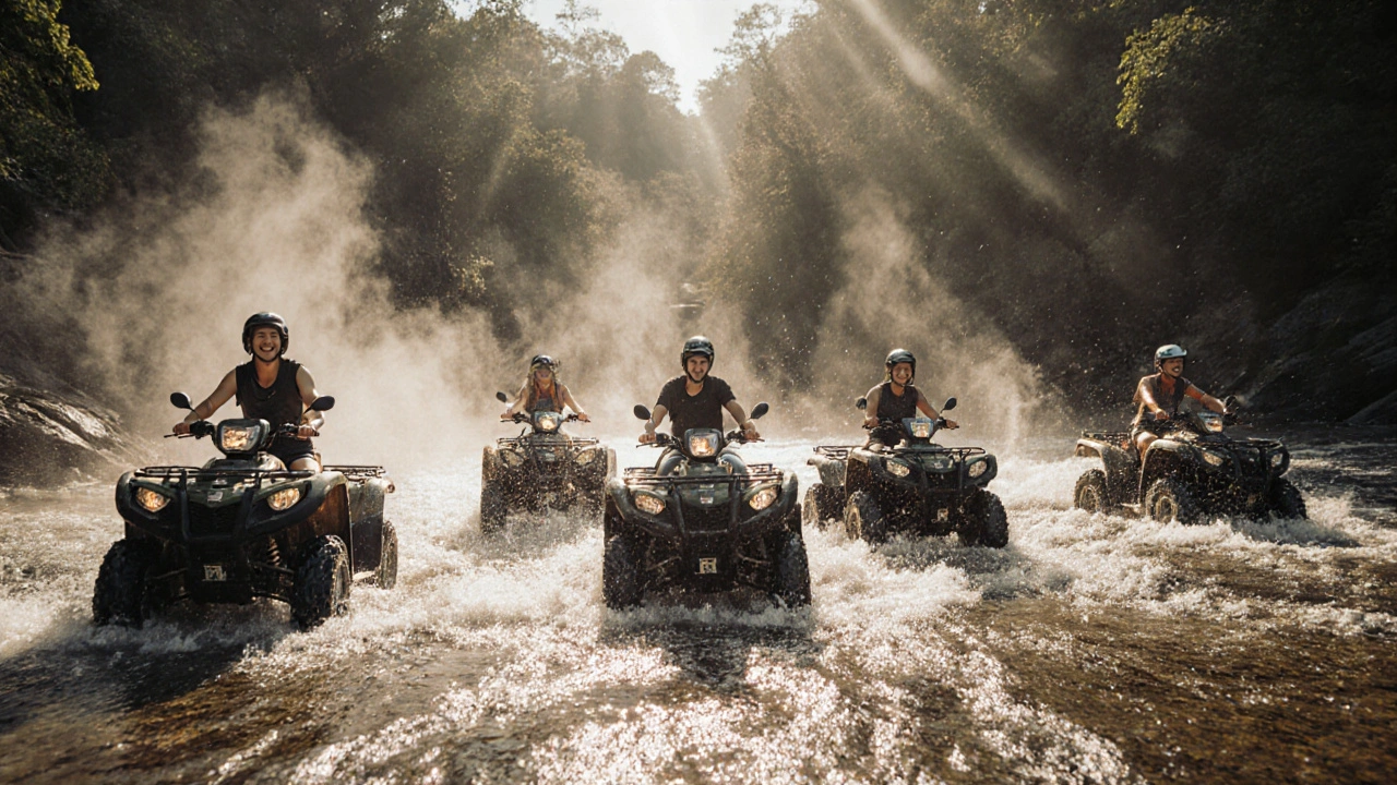 Kelompok pengendara ATV menyeberangi sungai kecil di kaki Gunung Batur, air memercik ke udara.