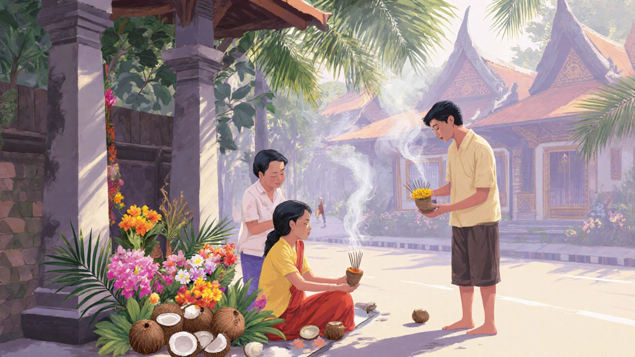 Keluarga Bali menaruh canang sari di tepi jalan di Ubud, asap kemenyan naik perlahan.