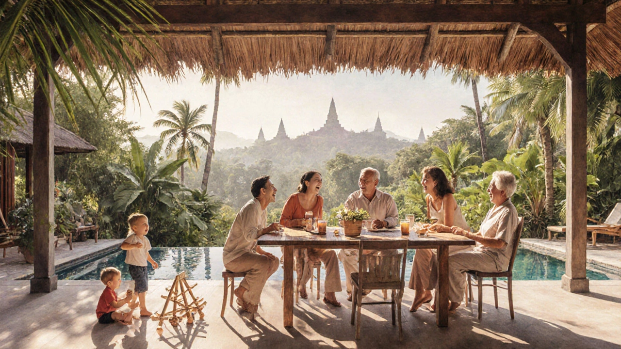 Keluarga menikmati makan bersama di teras villa Ubud dengan pemandangan hutan tropis.