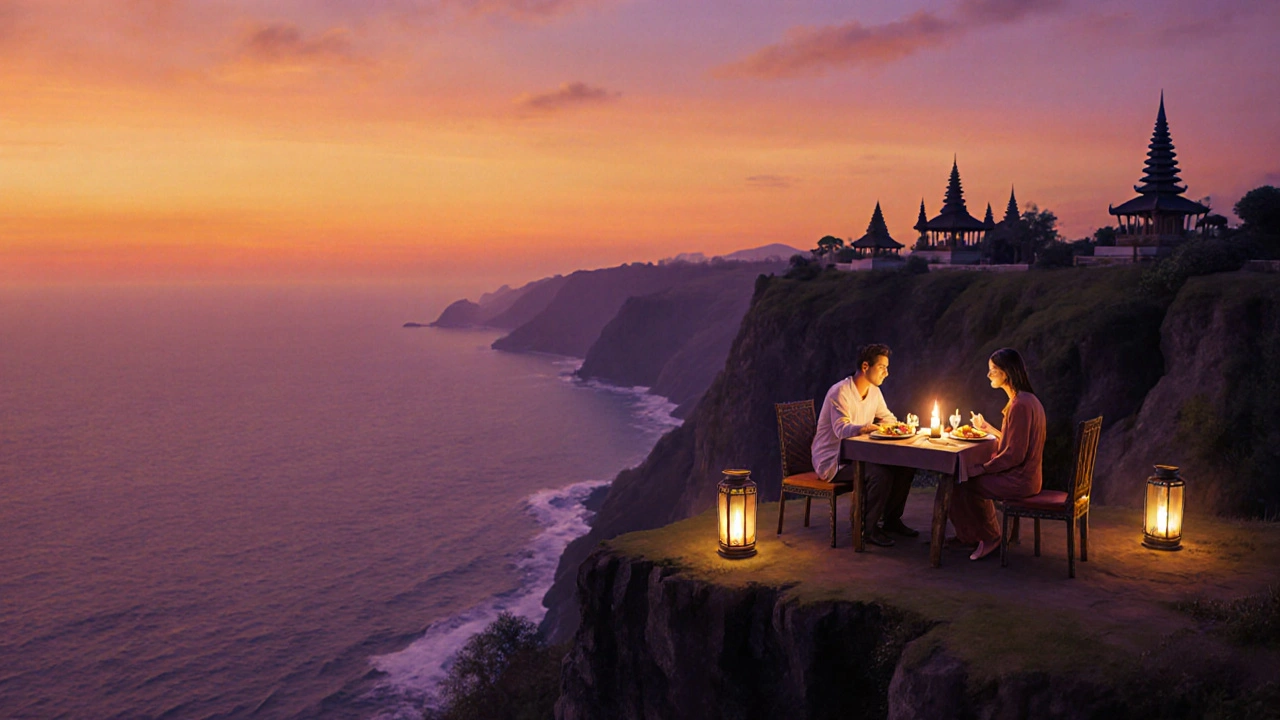 Makan malam romantis di tebing Uluwatu saat matahari terbenam, lampu-lampu kecil dan laut luas.
