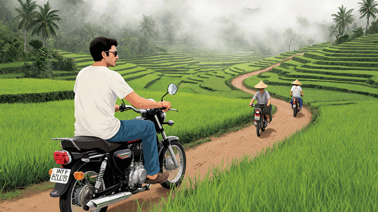 Motorcycle rider traveling through green rice terraces in Ubud with local farmers in the background.