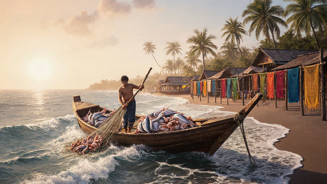 Nelayan Bali menarik jaring ikan segar dari perahu kayu tradisional di tepi pantai saat fajar.