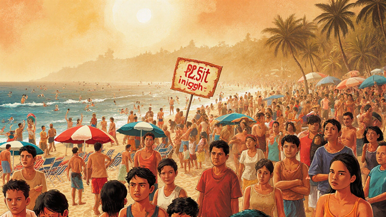 Pantai Kuta penuh sesak turis saat libur panjang, payung dan kursi berjejal, suasana ramai namun penuh kelelahan.