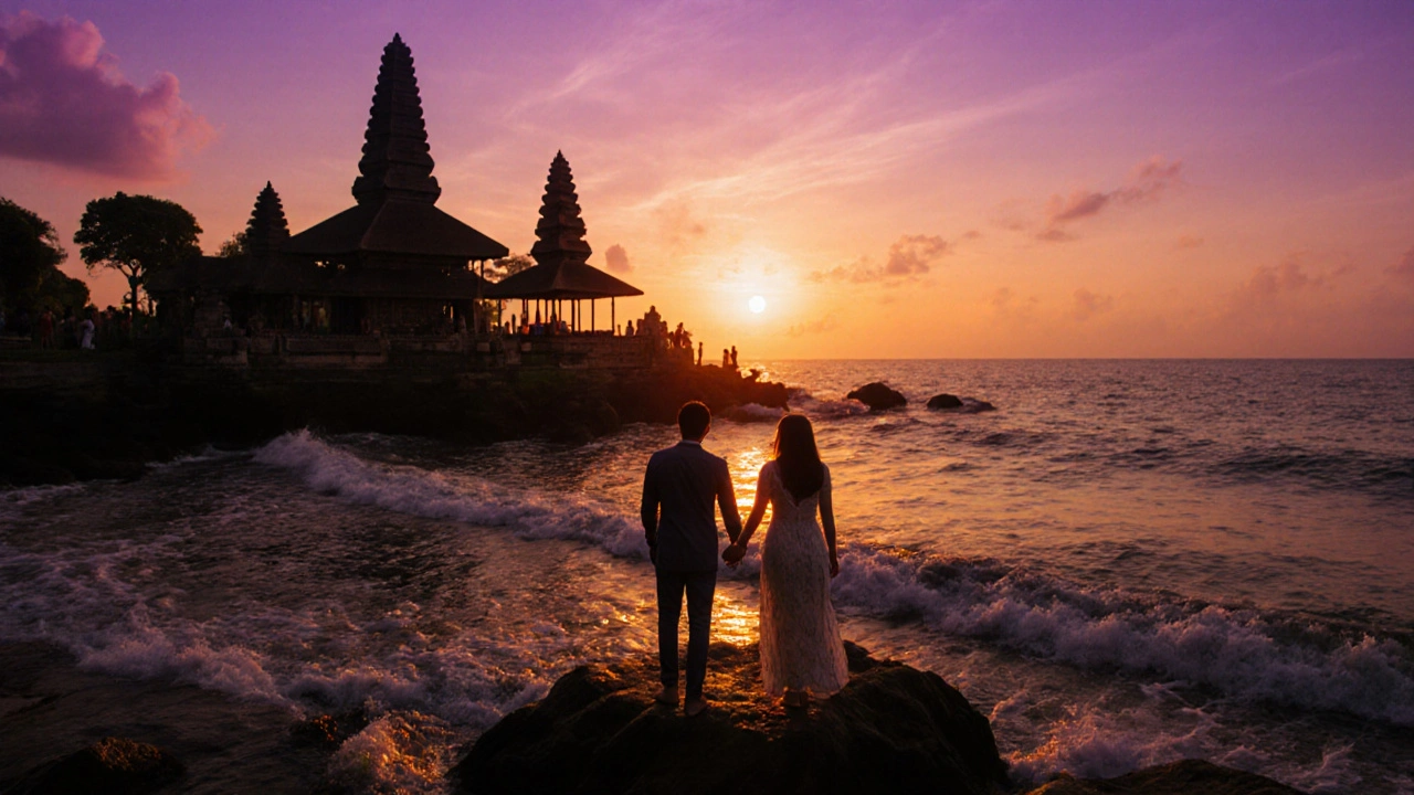 Pasangan berdiri di tepi Tanah Lot saat matahari terbenam, kuil berbayang di laut.