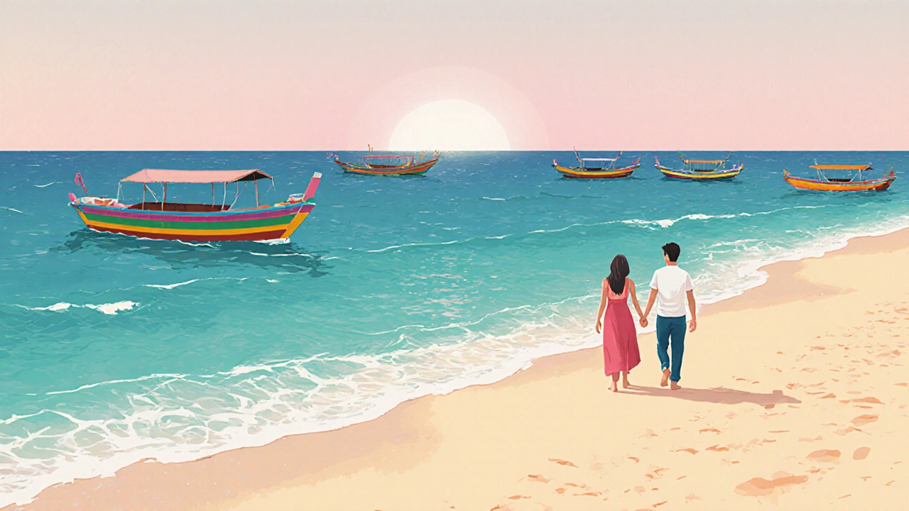 Pasangan berjalan di pantai sepi Bias Putih di Nusa Penida saat matahari terbit.