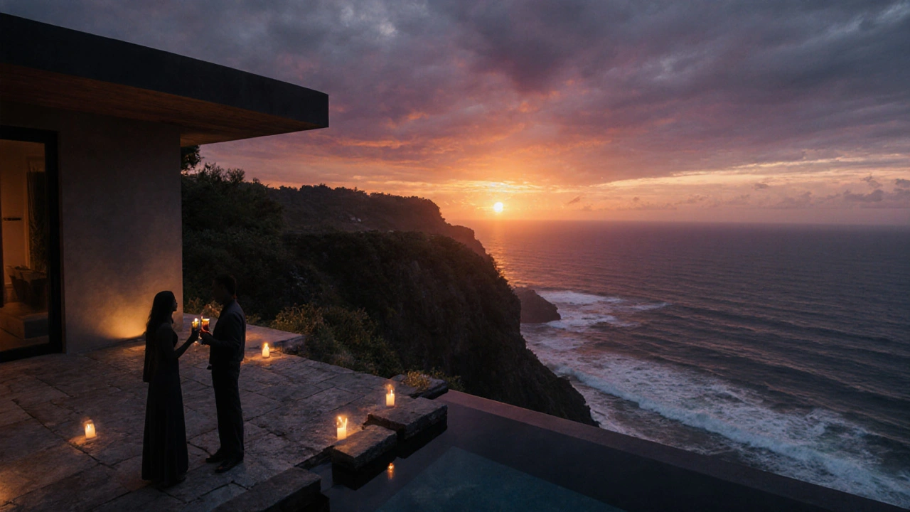 Pasangan menikmati matahari terbenam di teras villa tebing Uluwatu, Bali.