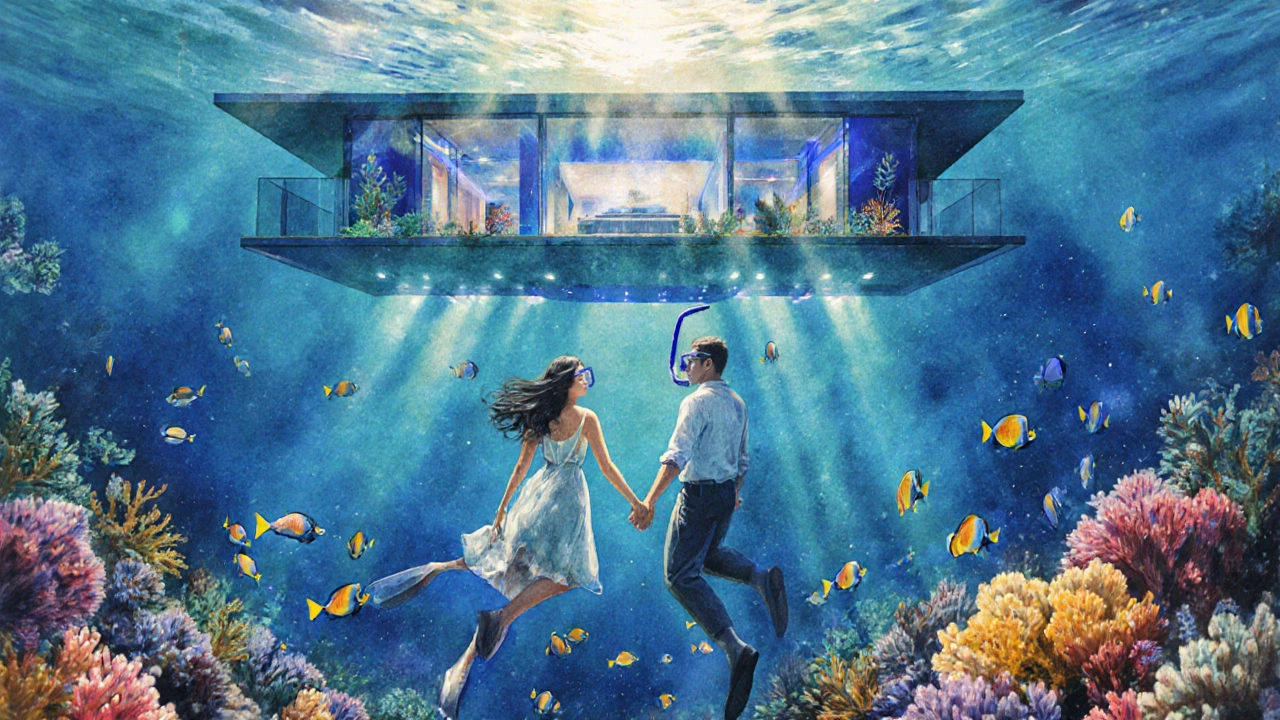 Pasangan menyelam di terumbu karang Raja Ampat, ikan warna-warni mengelilingi mereka di air jernih.