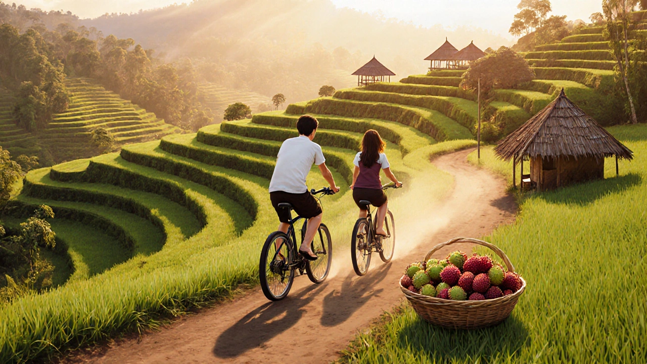 Pasangan naik sepeda gunung melalui sawah bertingkat Tegallalang, diiringi penjual buah rambutan di tepi jalan.