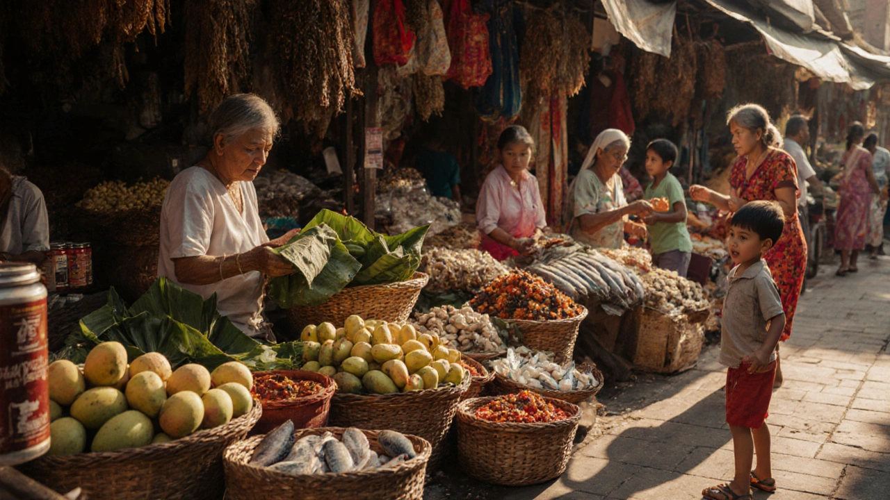 Pasar tradisional di Denpasar dengan buah-buahan segar, nasi bungkus, dan pedagang lokal.