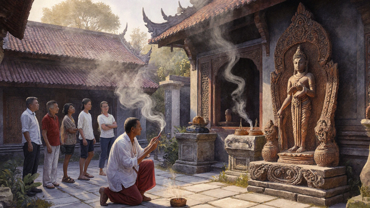 Pemandu menjelaskan ukiran kayu kuno di pura Tenganan kepada wisatawan dengan tenang.