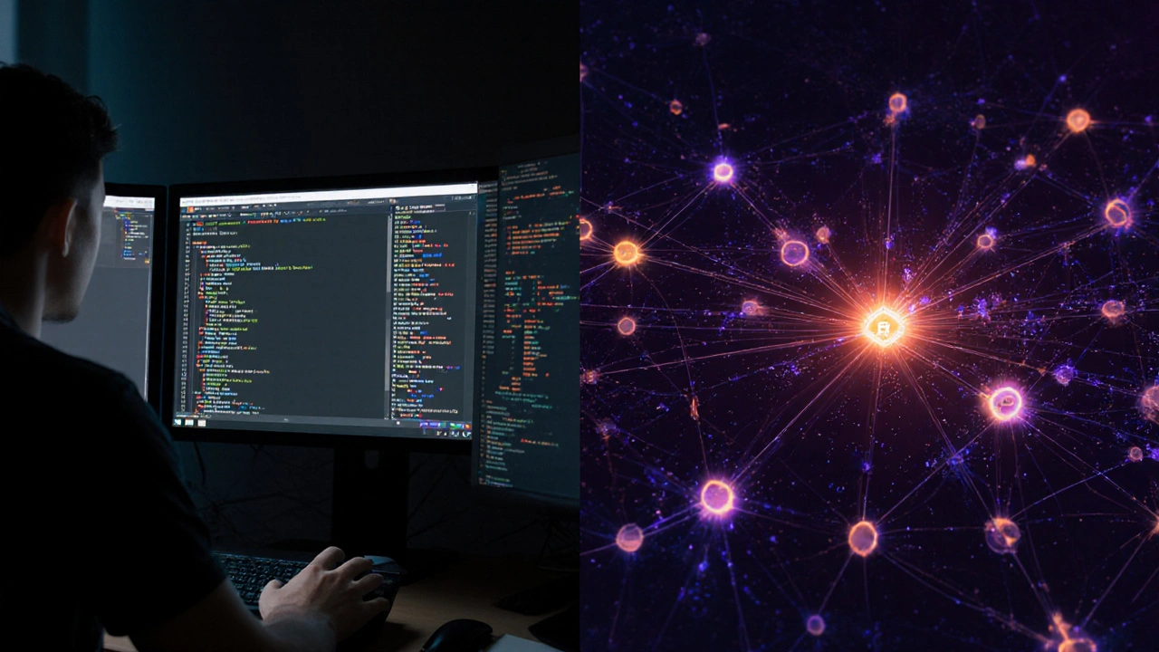 Pengembang di depan layar dengan ABI dan bytecode, kontrak terdeploy di jaringan blockchain global.
