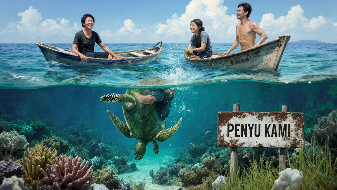 Penyu hijau dilepaskan ke laut oleh penyelam, nelayan lokal tersenyum di perahu, terumbu karang sehat di sekitarnya.