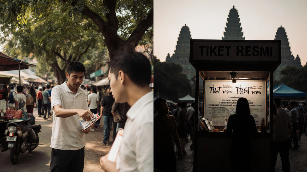 Perbandingan antara pembelian tiket palsu di jalan dan penolakan masuk di loket resmi Pura Tanah Lot.
