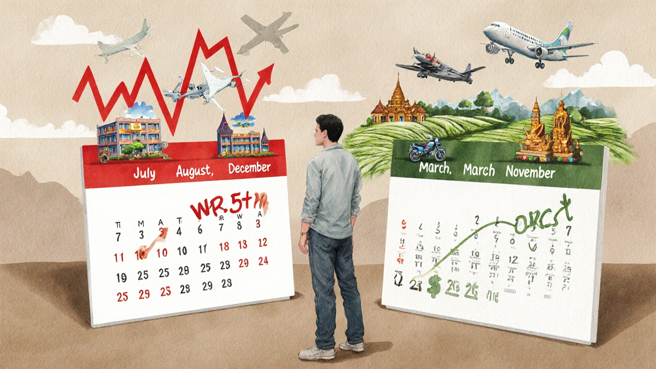 Perbandingan visual antara musim ramai dan sepi di Bali dengan grafik harga naik dan turun di sekitar ikon wisata.