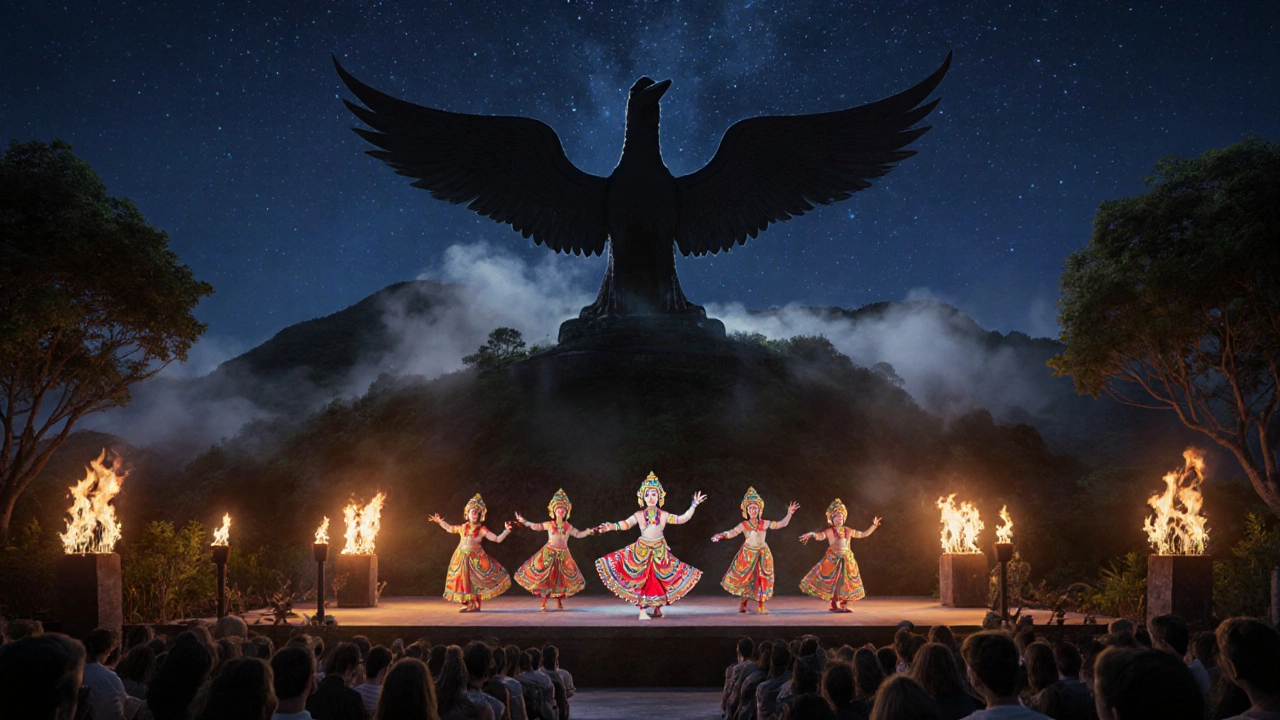 Pertunjukan budaya malam hari di GWK dengan penari tradisional di bawah cahaya lampu, patung Garuda menjadi latar belakang siluet.