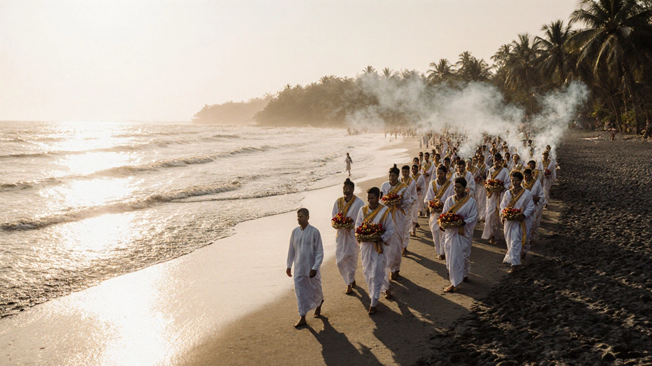 Ritual Melasti di Pantai Sanur, ribuan orang berjalan ke laut di pagi buta dengan pakaian tradisional putih dan emas.
