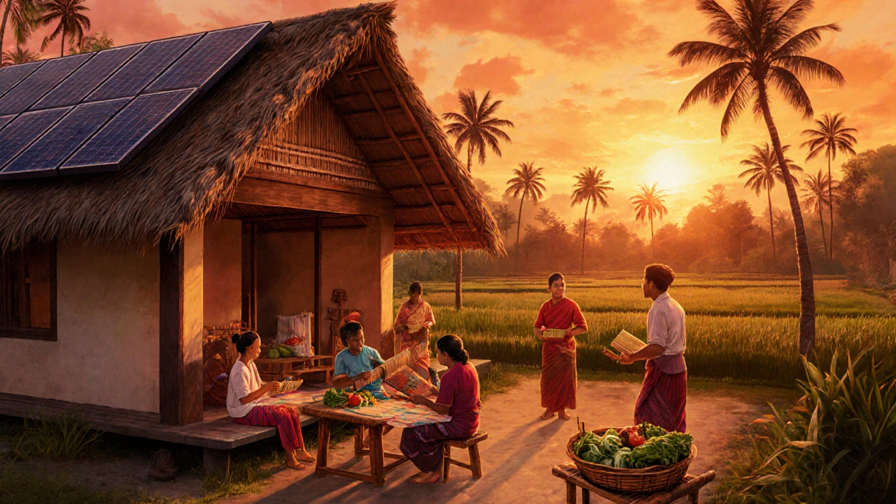 Rumah tradisional Bali dengan atap ijuk, warga mengajarkan menenun kain gringsing pada turis di sore hari.