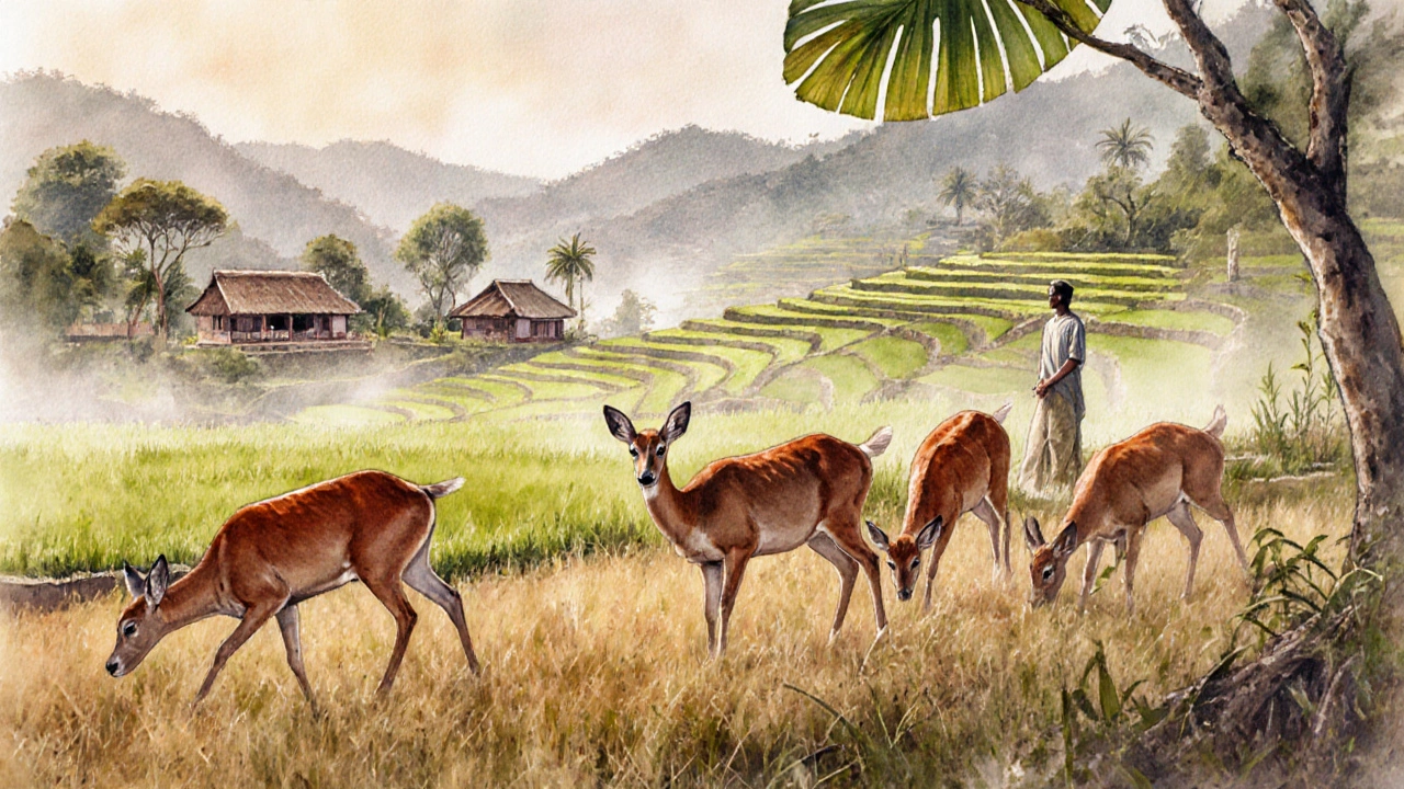 Rusa timor merumput di tepi sawah bertingkat Tegallalang saat fajar.