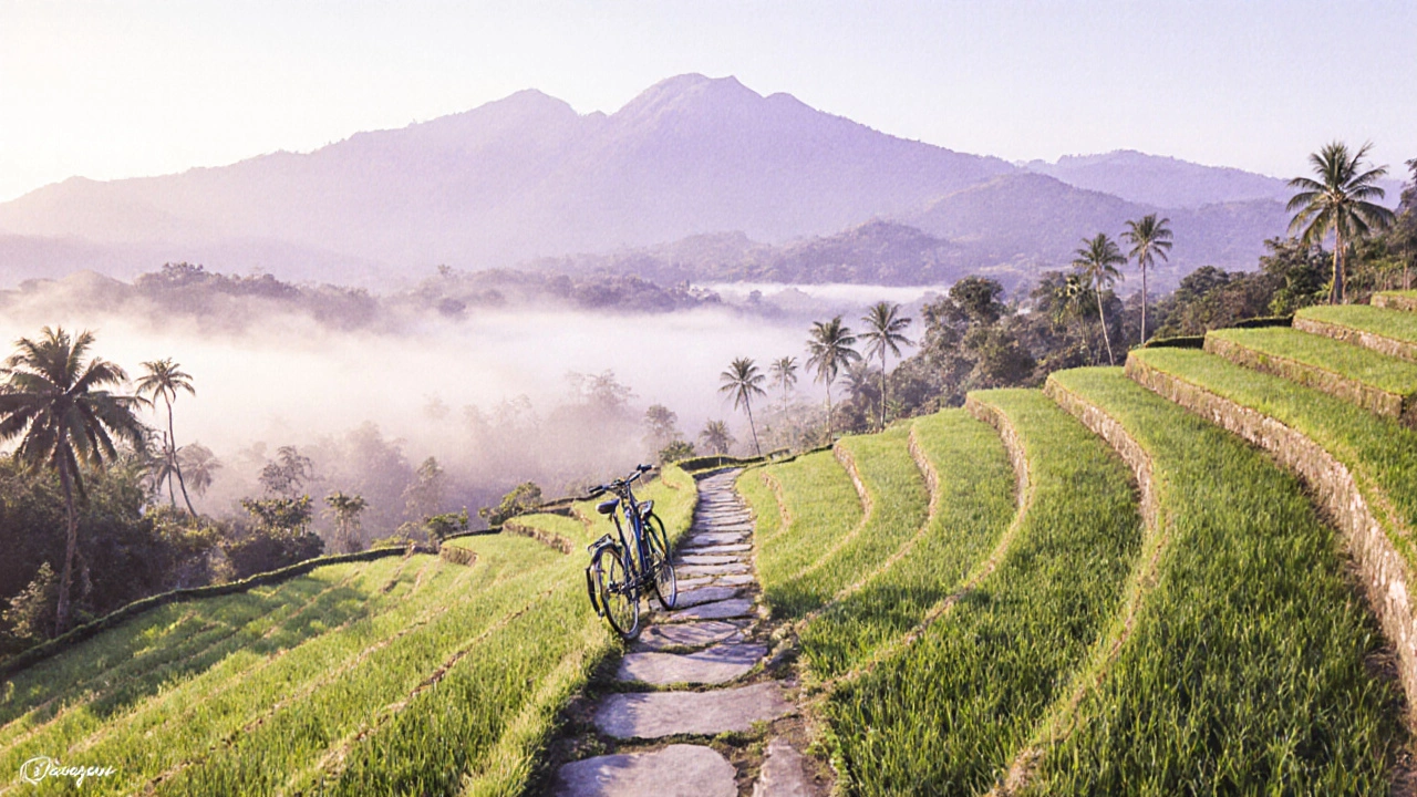 Sawah Tegallalang yang tenang di pagi hari, jalur sepi dengan sepeda tergantung, kabut tipis dan cahaya hangat.
