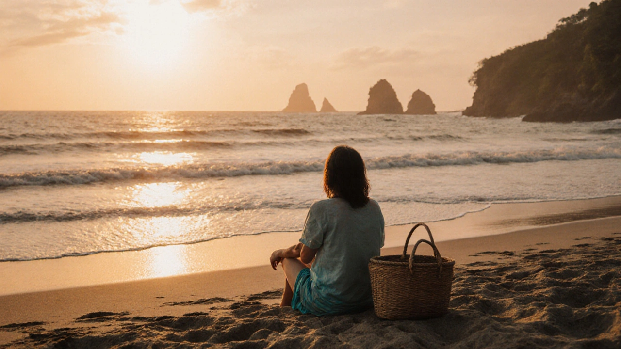 Seorang wisatawan duduk sendirian di pantai terpencil Nusa Penida saat matahari terbenam.