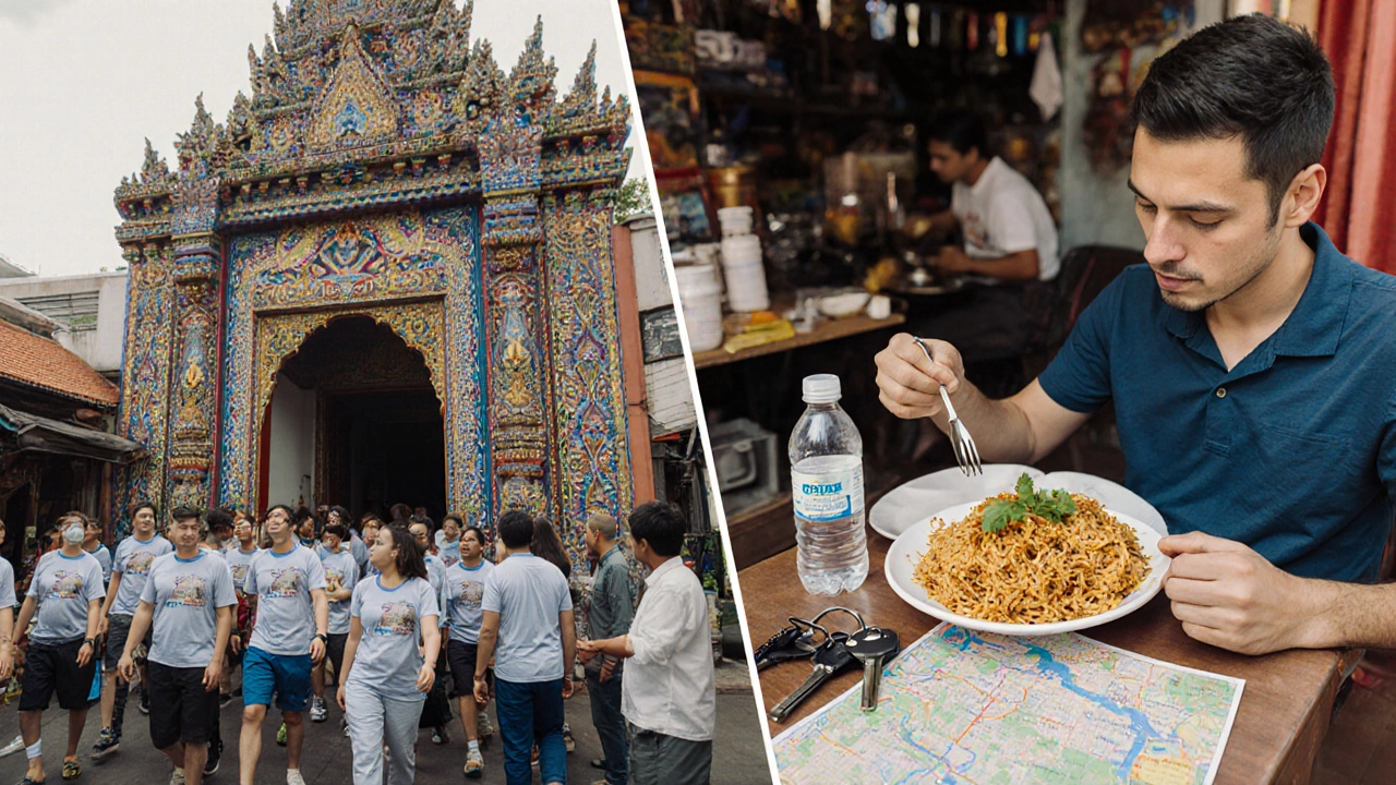 Side-by-side: crowded tour group vs. solo traveler eating at a local warung in Bali.